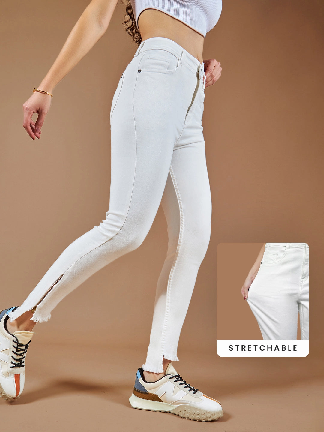 CHASEstretch? White Skinny-Fit High-Rise Side-Slit Raw Edge Detailing Cropped Denim Jeans Essential Piece Day To Day
