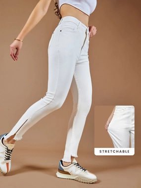 CHASEstretch? White Skinny-Fit High-Rise Side-Slit Raw Edge Detailing Cropped Denim Jeans Essential Piece Day To Day