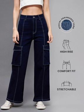 Stylish Casual 24/7 Comfort Navy Blue Wide-Leg Cargo High-Rise Stretchable Baggy Denim Jeans
