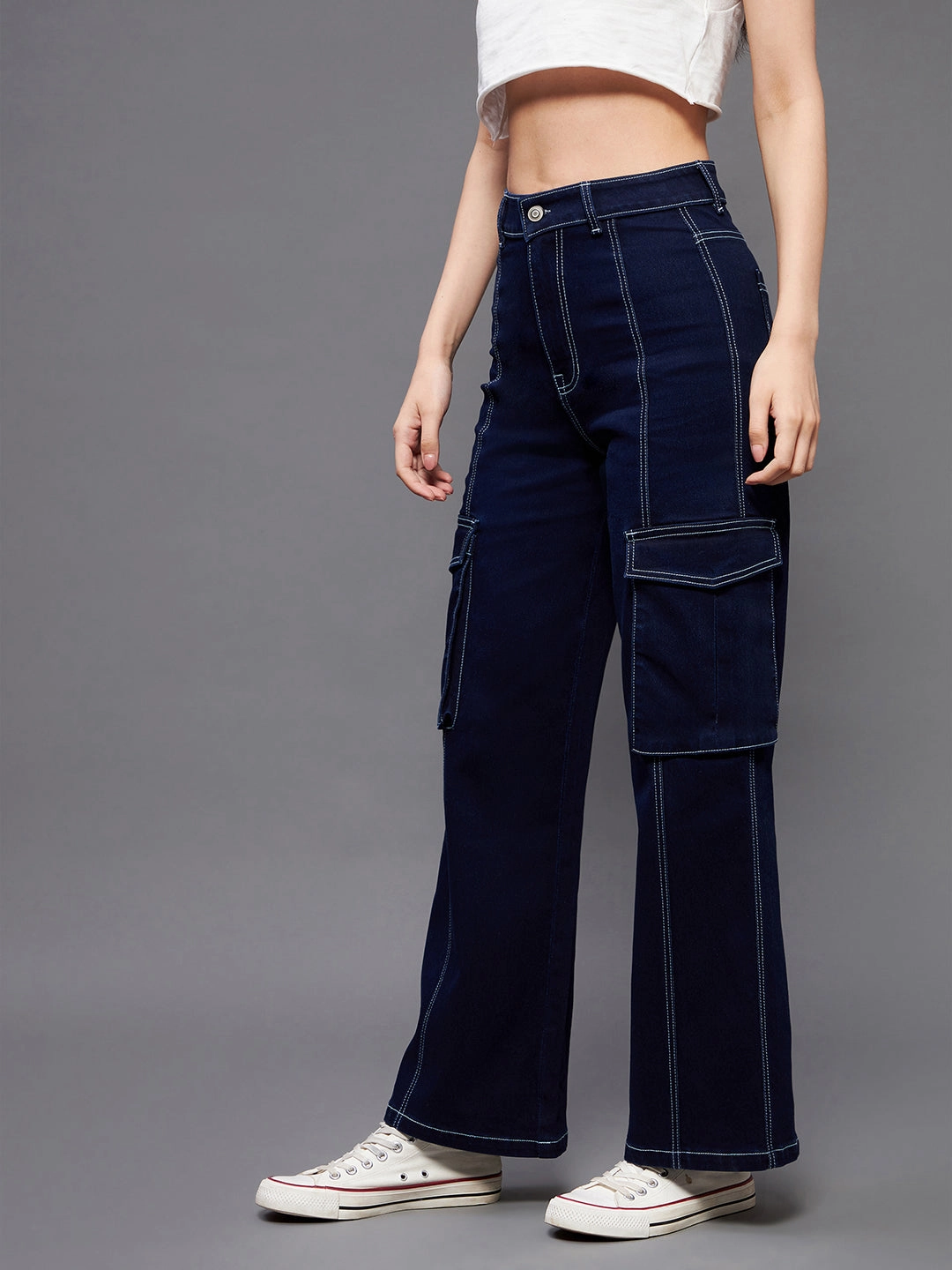 Music Event Smooth Casual Go-to Comfort 24/7 Comfort Navy Blue Wide-Leg Cargo High-Rise Stretchable Baggy Denim Jeans