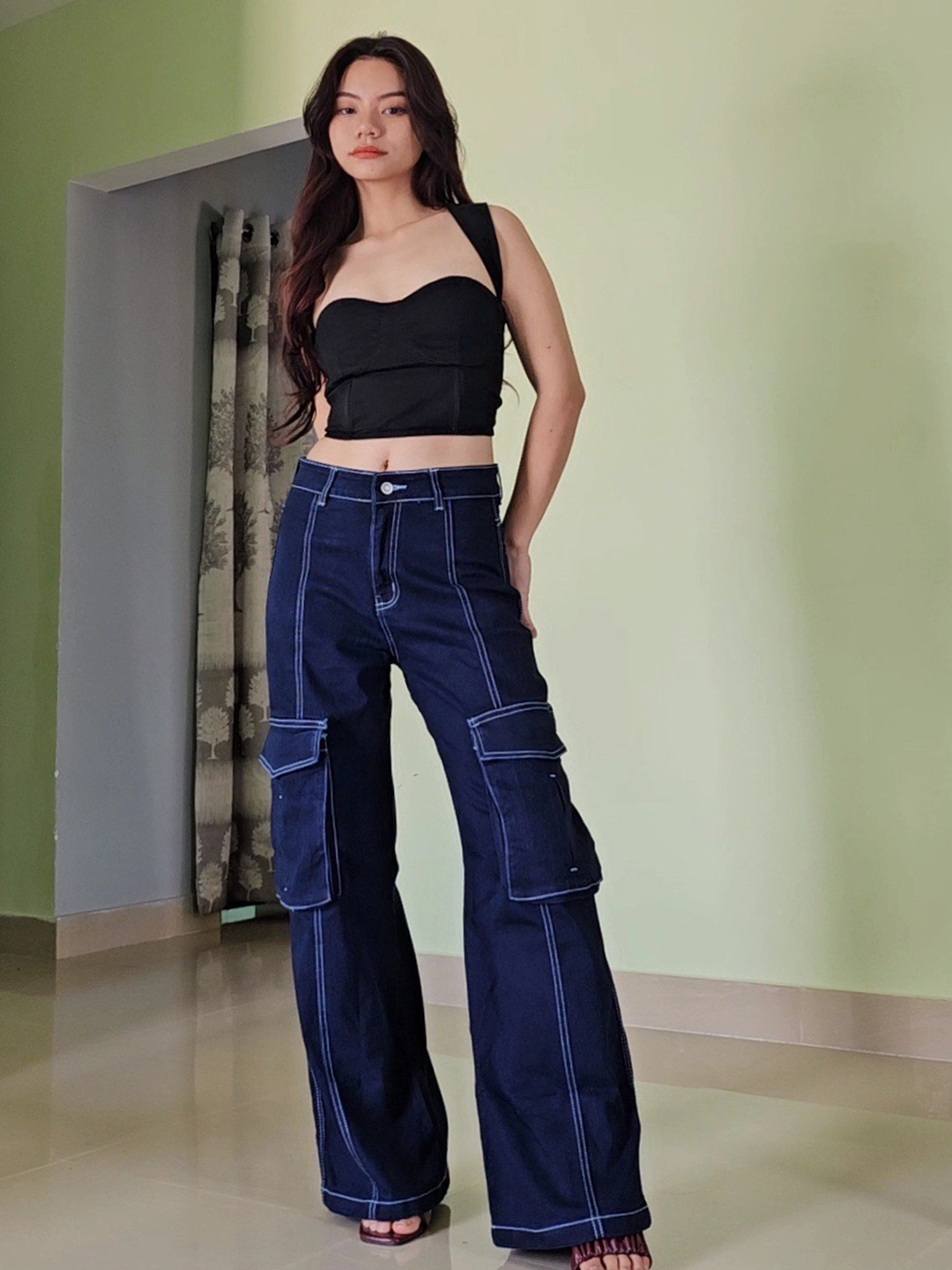 24/7 Comfort Navy Blue Wide-Leg Cargo High-Rise Stretchable Baggy Denim Jeans Go-To Garment