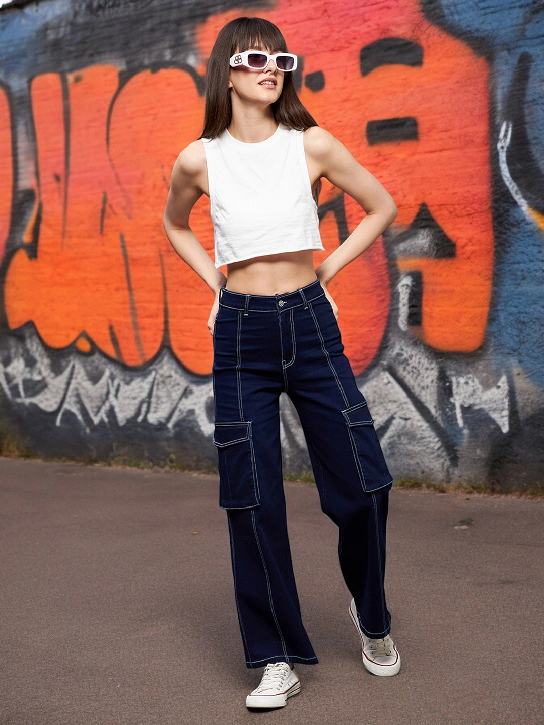 Outfit Ease 24/7 Comfort Navy Blue Wide-Leg Cargo High-Rise Stretchable Baggy Denim Jeans