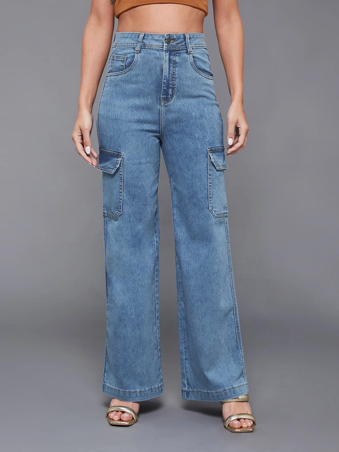 24/7 Comfort Blue Wide-Leg High-Rise Stretchable Cargo Denim Jeans Wardrobe Staple