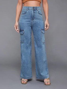 24/7 Comfort Blue Wide-Leg High-Rise Stretchable Cargo Denim Jeans Wardrobe Staple