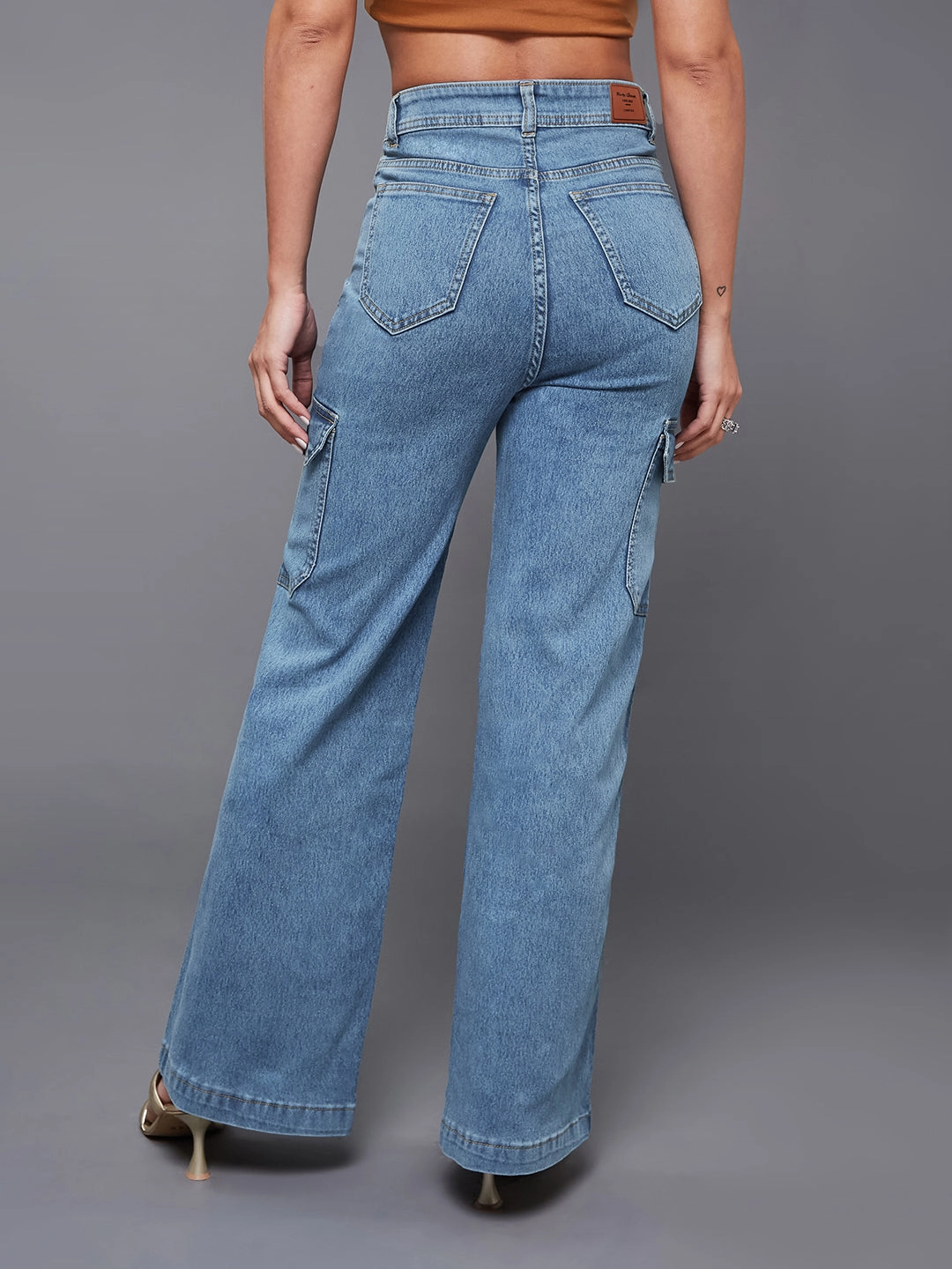 24/7 Comfort Blue Wide-Leg High-Rise Stretchable Cargo Denim Jeans Affordable Durable