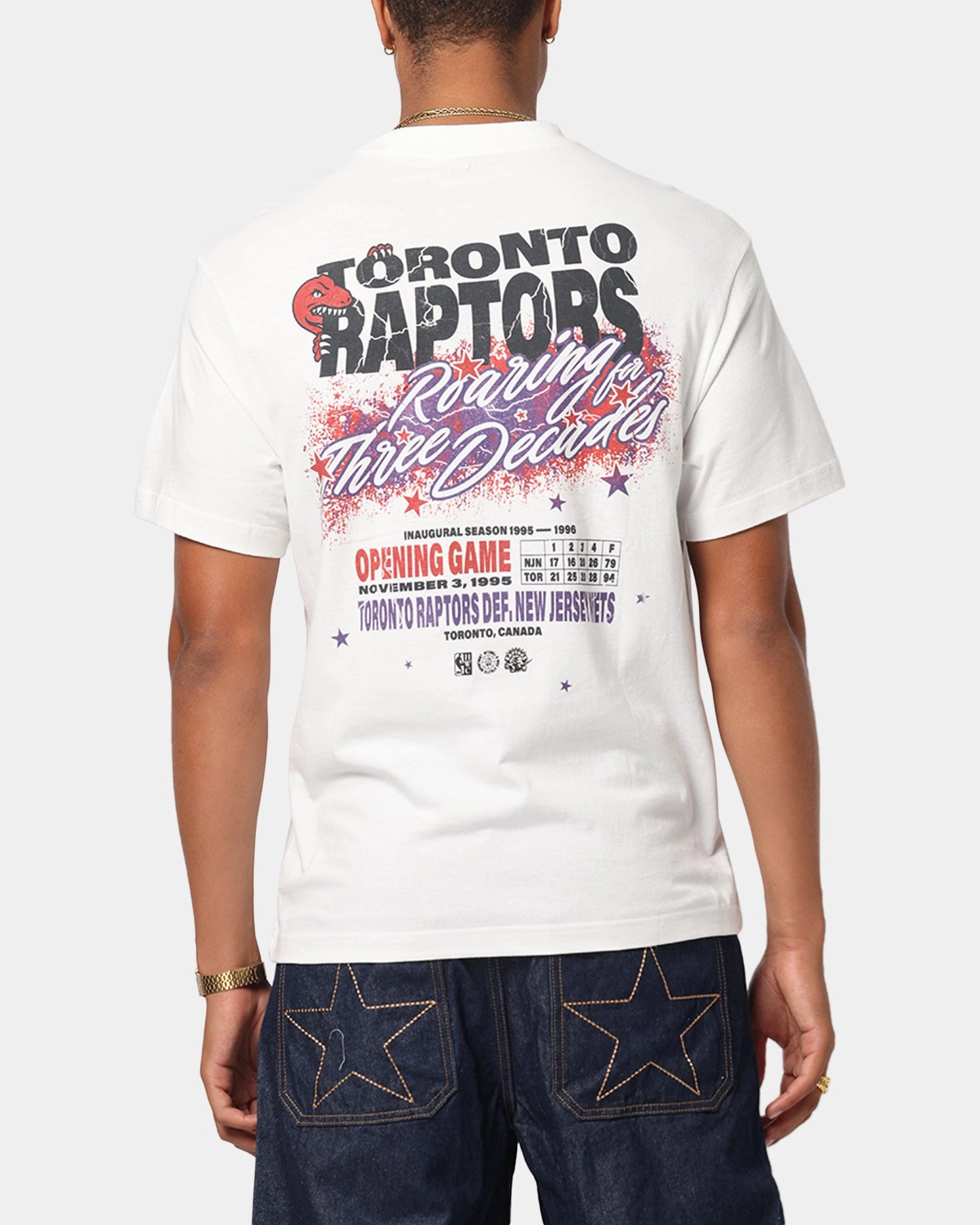 Mitchell & Ness Toronto Raptors Three Decades T-Shirt Vintage White Metallic Fiber Blend Textured Fabric Finish