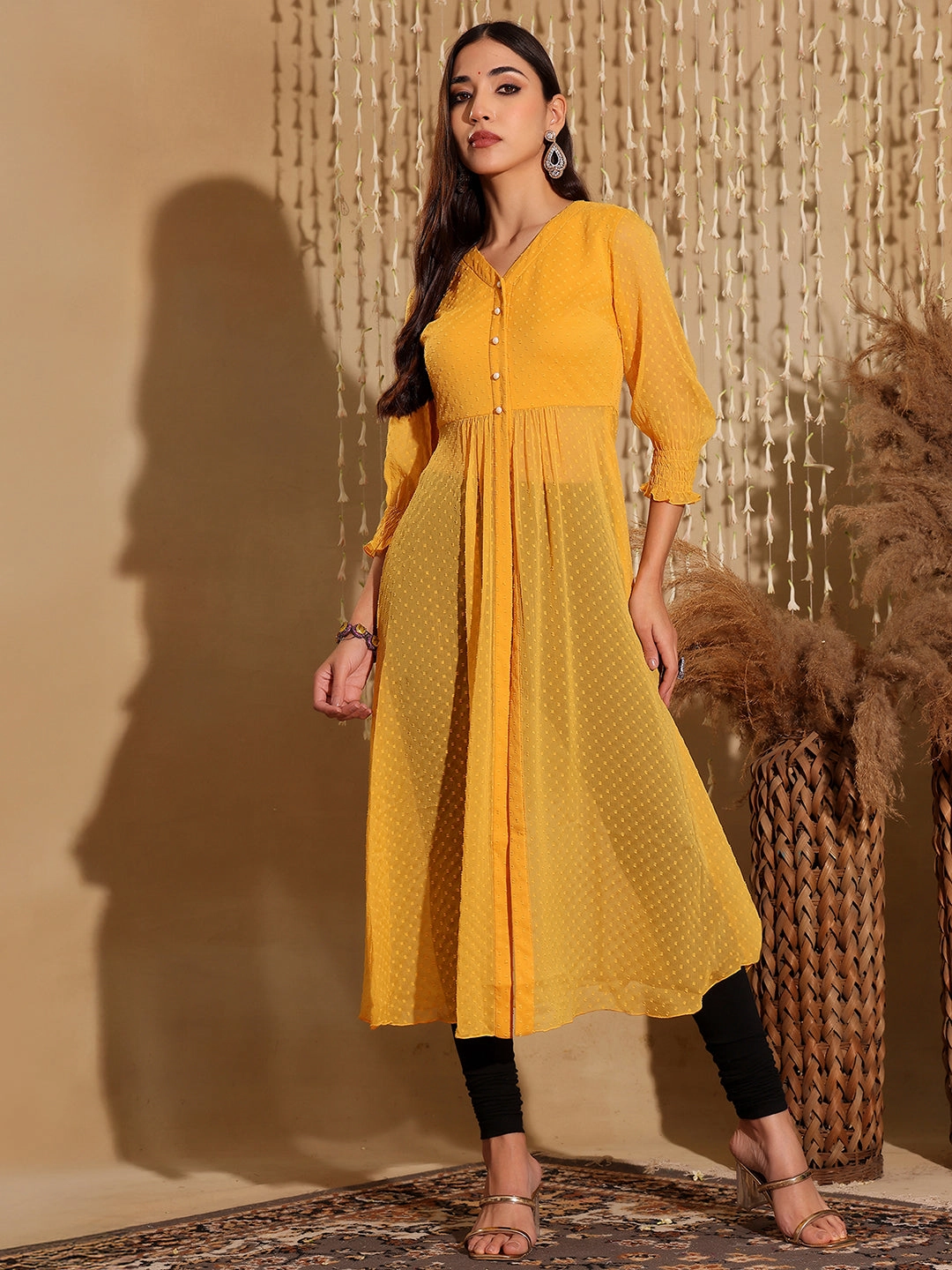 Double Needle Hemming Active Look Women's Mustard Yellow V-Neck 3/4 Sleeves solid empire Maxi Top
