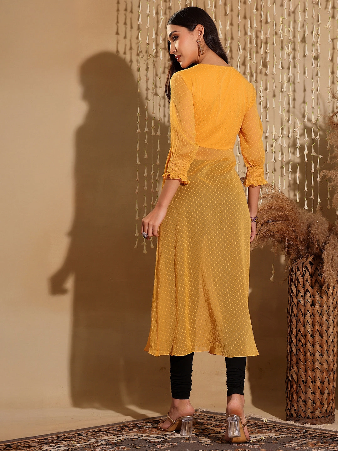 Women's Mustard Yellow V-Neck 3/4 Sleeves solid empire Maxi Top ReflectiveTrims