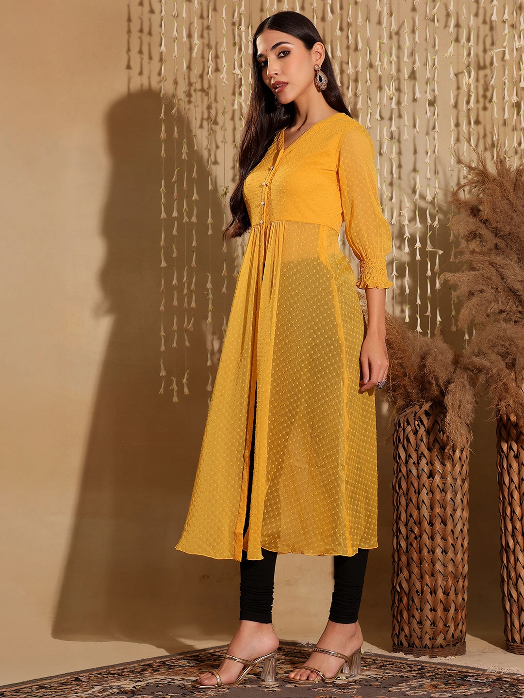 Women's Mustard Yellow V-Neck 3/4 Sleeves solid empire Maxi Top Stretch Weave Construction