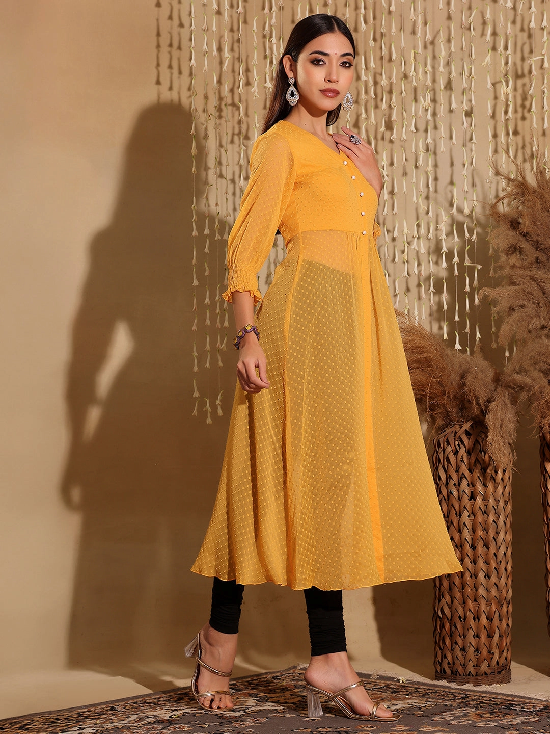 NonChafe Lining OrganicCottonBlend Women's Mustard Yellow V-Neck 3/4 Sleeves solid empire Maxi Top