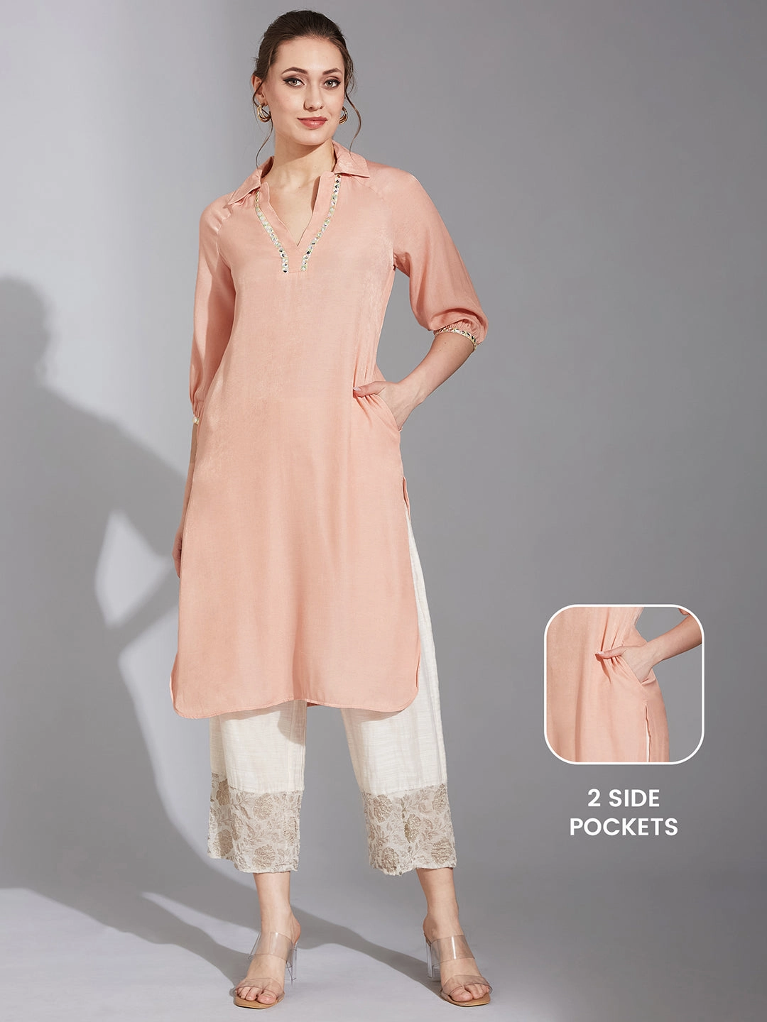 Women's Peach Colored Shirt Collar Full Sleeve Solid Raglan Knee-Long Polyester Kurta Cozy Cardigan Reinforced Hems