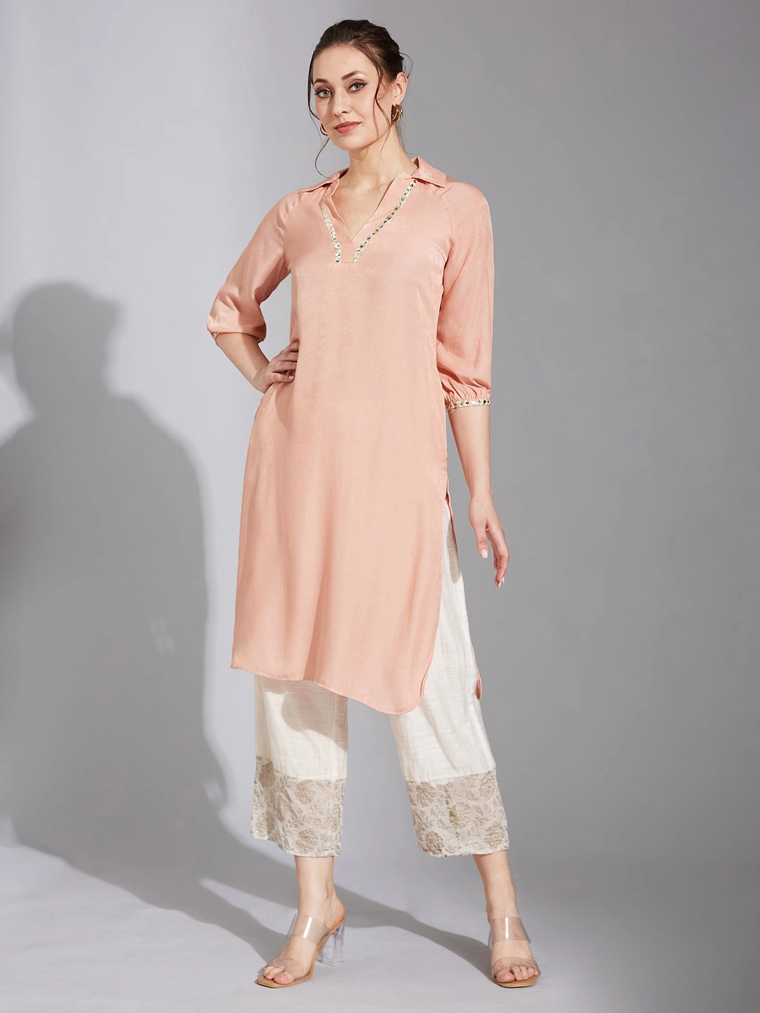 EcoFriendlyDye Women's Peach Colored Shirt Collar Full Sleeve Solid Raglan Knee-Long Polyester Kurta