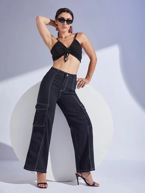 Polished Look Street Cool Women's Black Wide-Leg High-Rise Clean-Look Regular-Length Stretchable Patch-Pocketed Denim Jeans