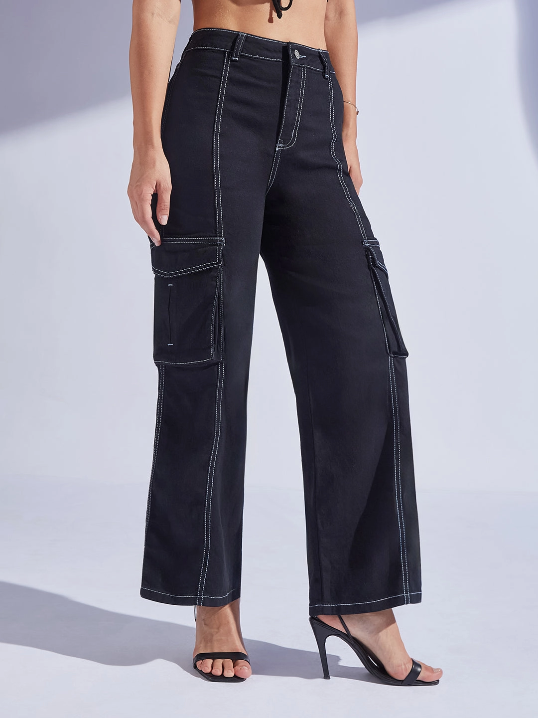 Smart Look Women's Black Wide-Leg High-Rise Clean-Look Regular-Length Stretchable Patch-Pocketed Denim Jeans