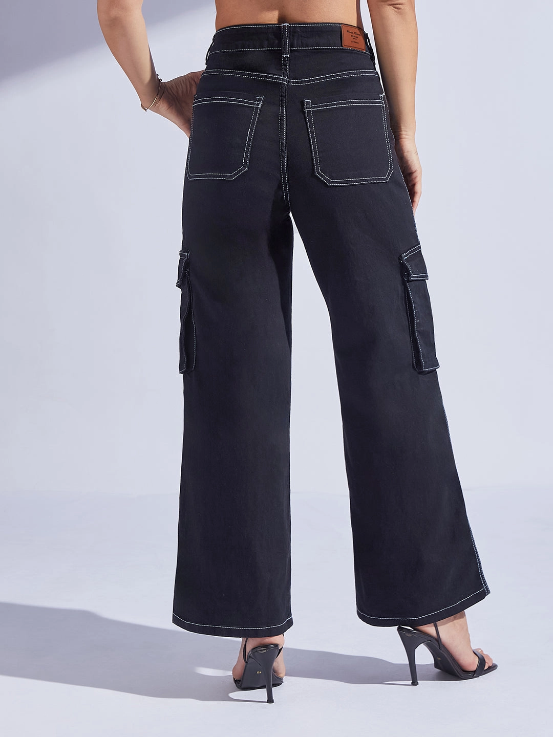 Women's Black Wide-Leg High-Rise Clean-Look Regular-Length Stretchable Patch-Pocketed Denim Jeans Breathable Travel Outfit Brunch Outfit