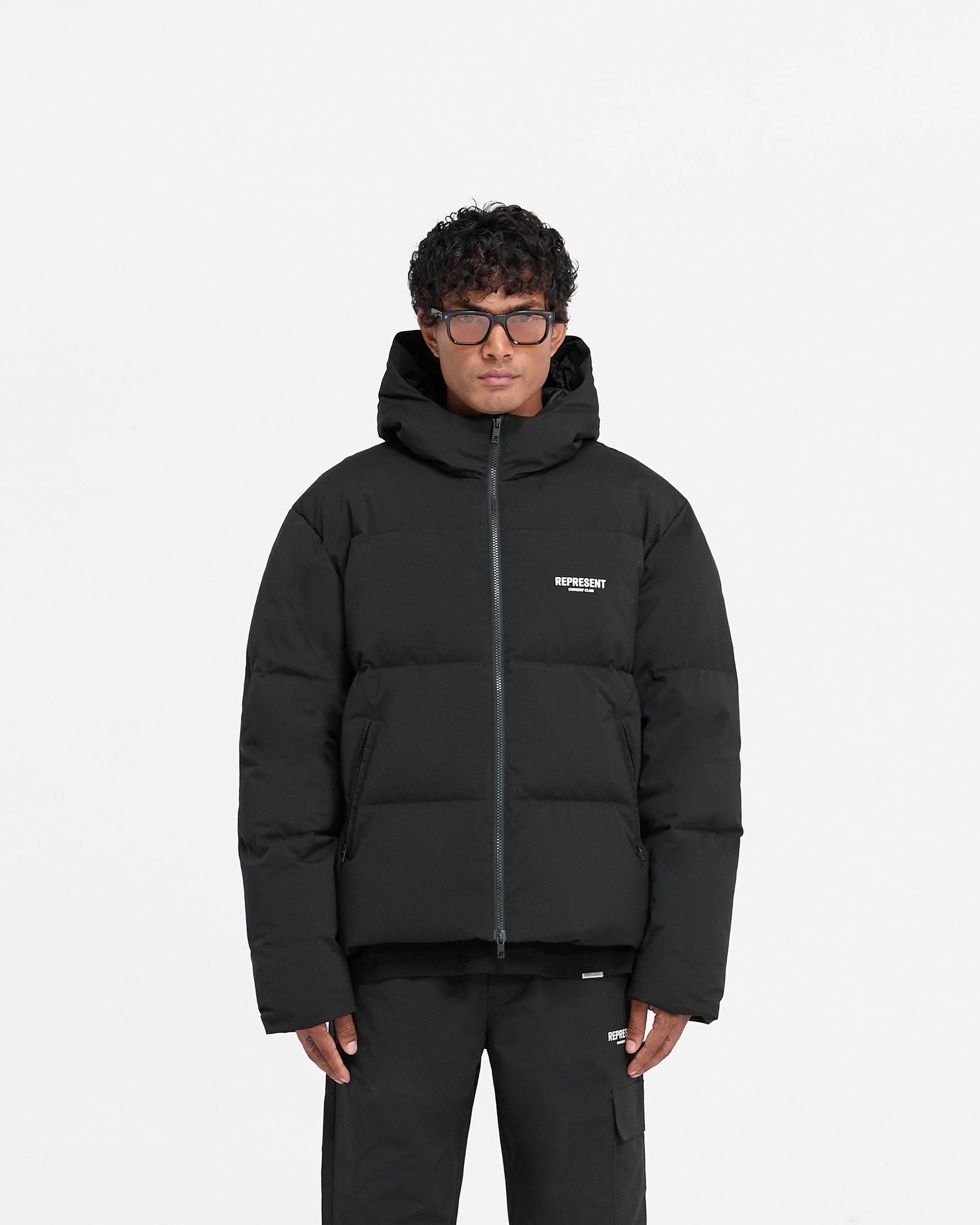 Heat Retention Lining Neutral Style Represent Owners Club Hooded Puffer Jacket - Black