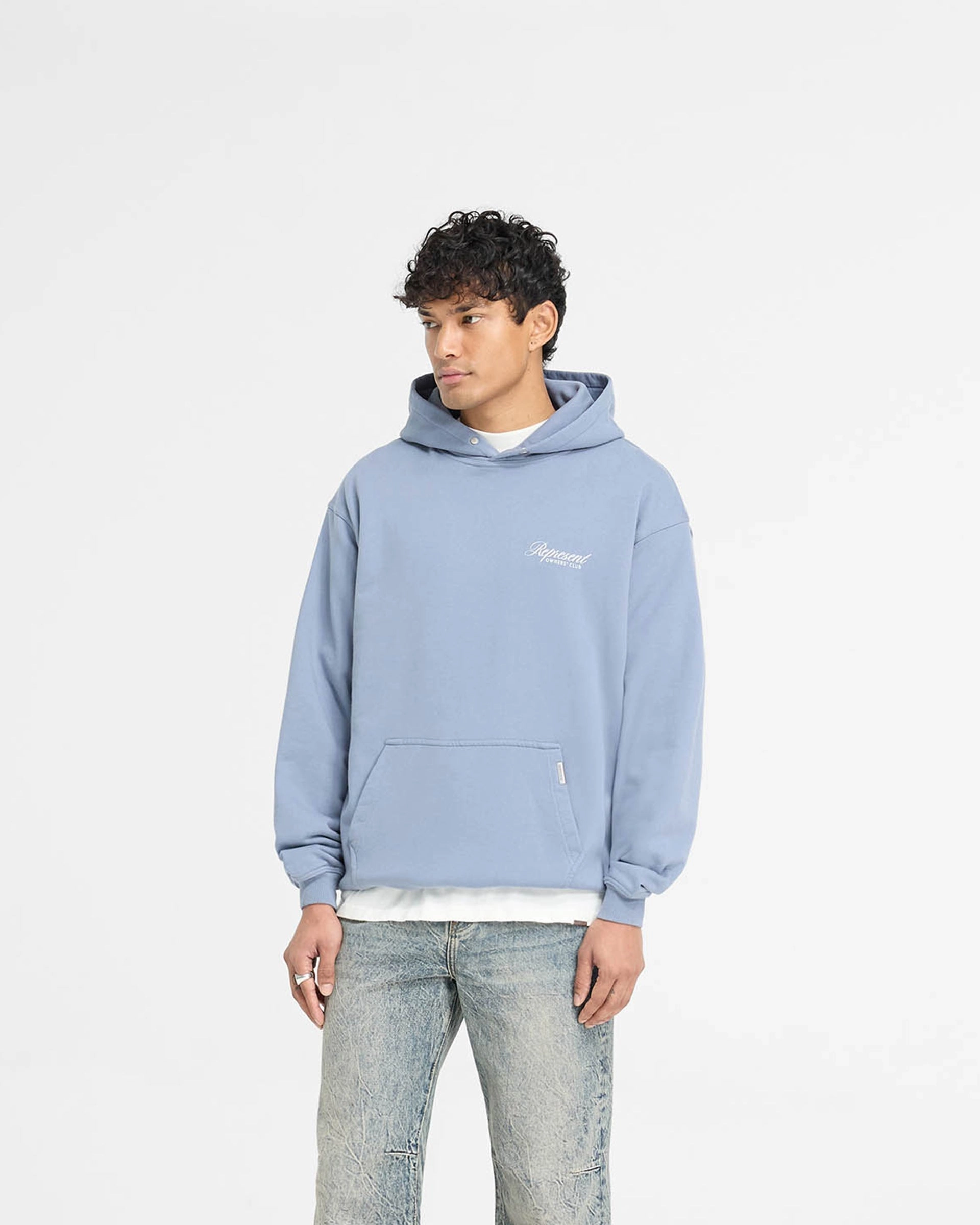 Quick Comfort Fit Color Variety Represent Owners Club Script Hoodie - Dusty Blue