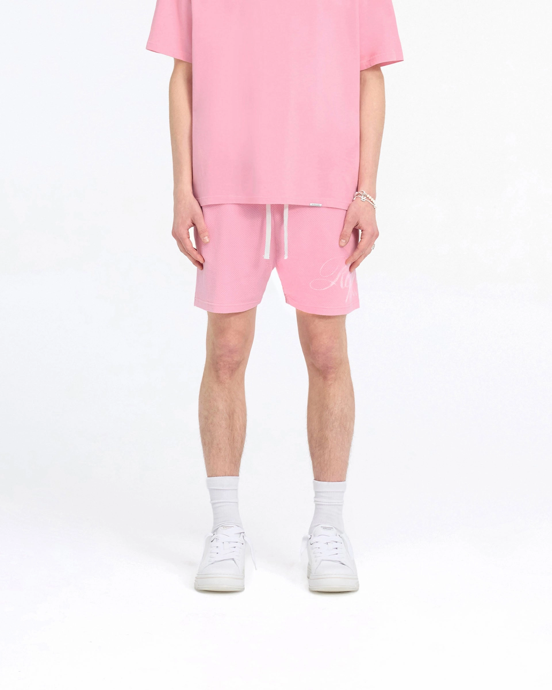 Flexible Layer Easy Match Represent Owners Club Script Mesh Shorts - Pink