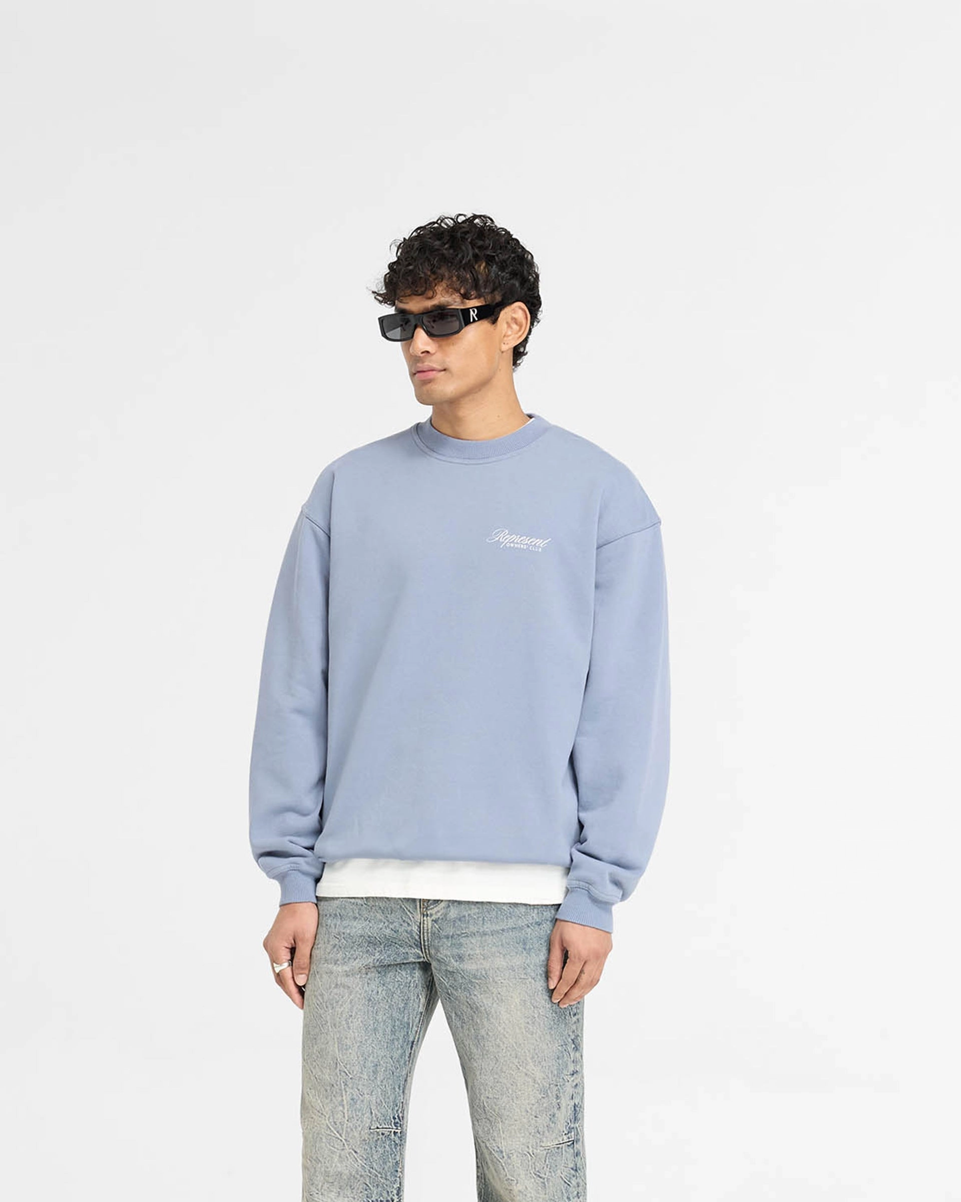 Represent Owners Club Script Sweater - Dusty Blue Cold Weather