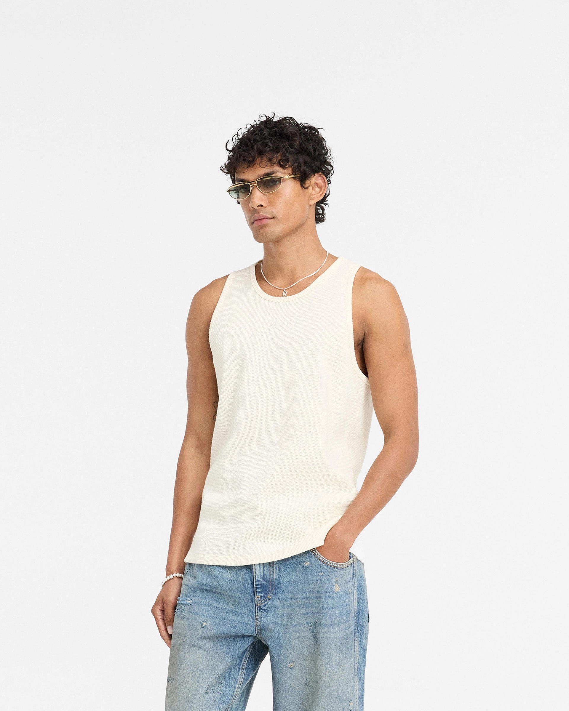 Represent X Duke   Dexter Ribbed Vest - Ecru Stretch Knit FlexibleKnit