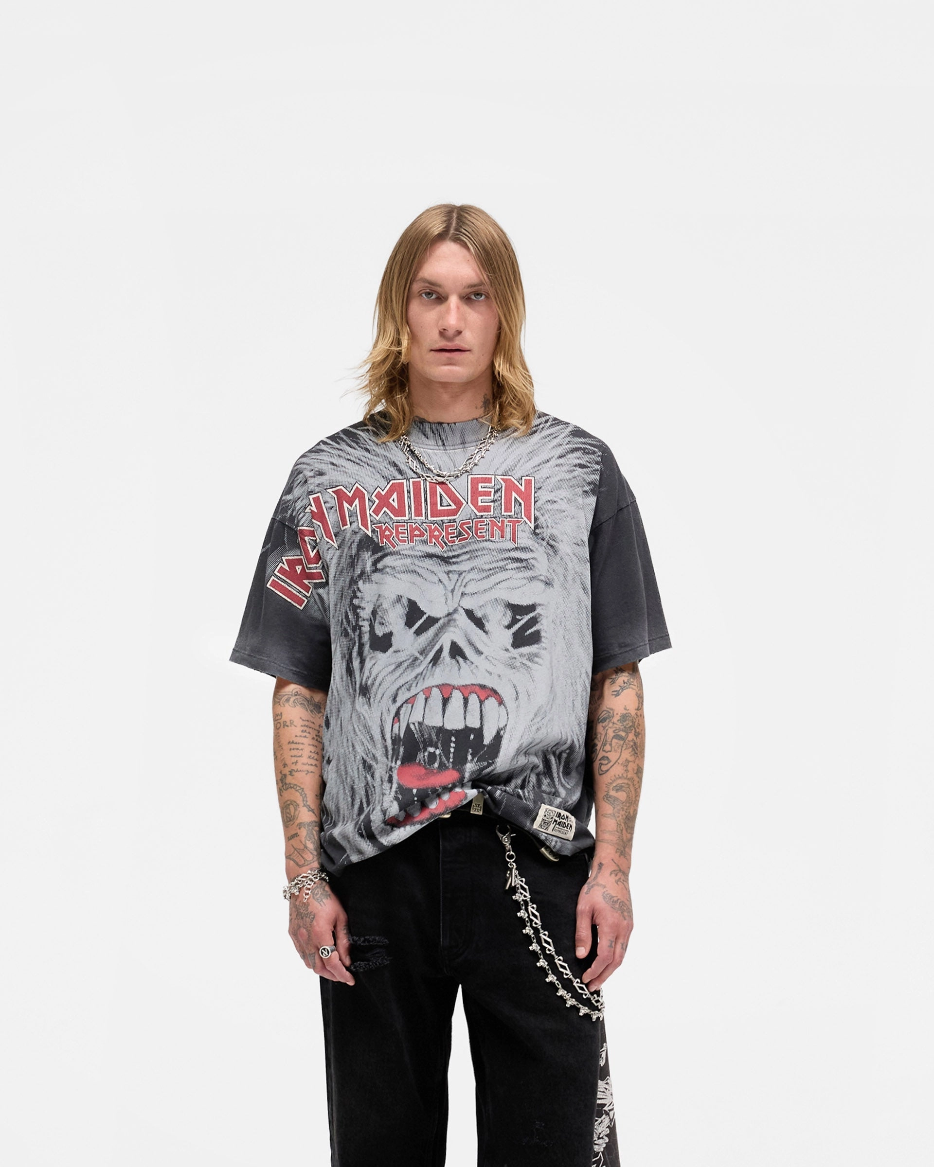 Represent X Iron Maiden British Metal T-Shirt - Stained Brown MicroPiqueKnit Drop Shoulder Cut
