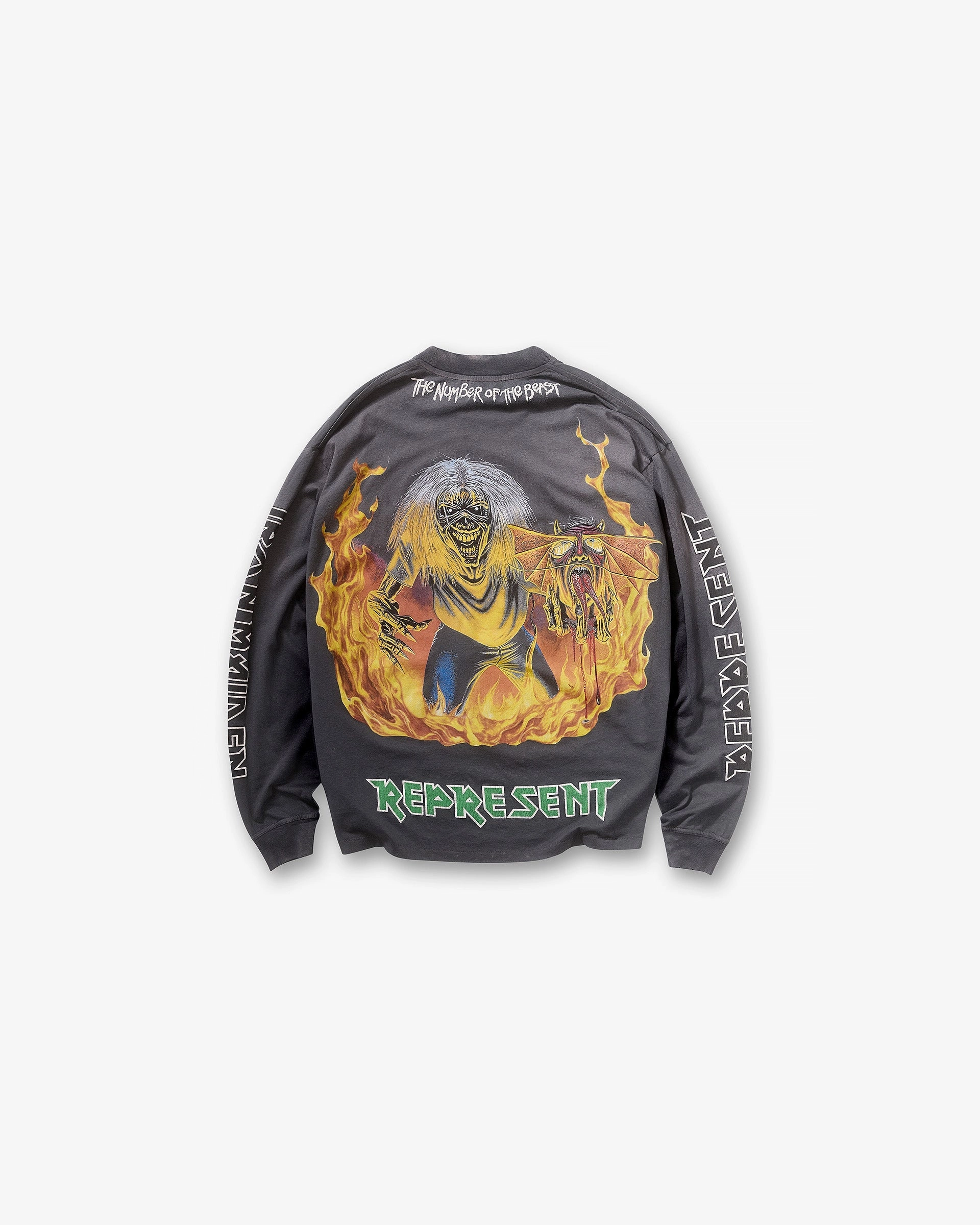 Soft Touch Fabric Represent X Iron Maiden Number Of The Beast Long Sleeve T-Shirt - Sunfade Grey
