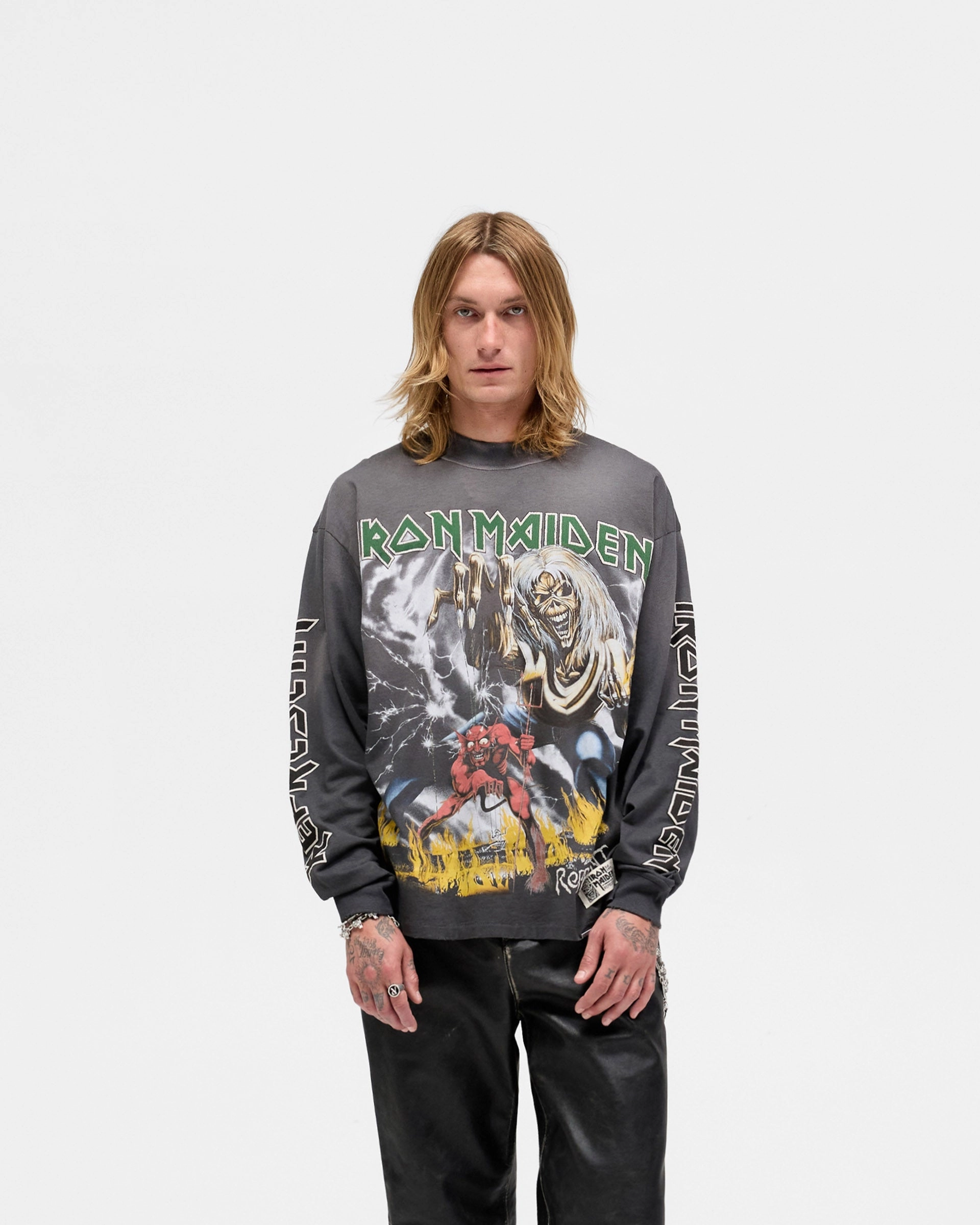 Represent X Iron Maiden Number Of The Beast Long Sleeve T-Shirt - Sunfade Grey Comfortable Design Cozy Touch