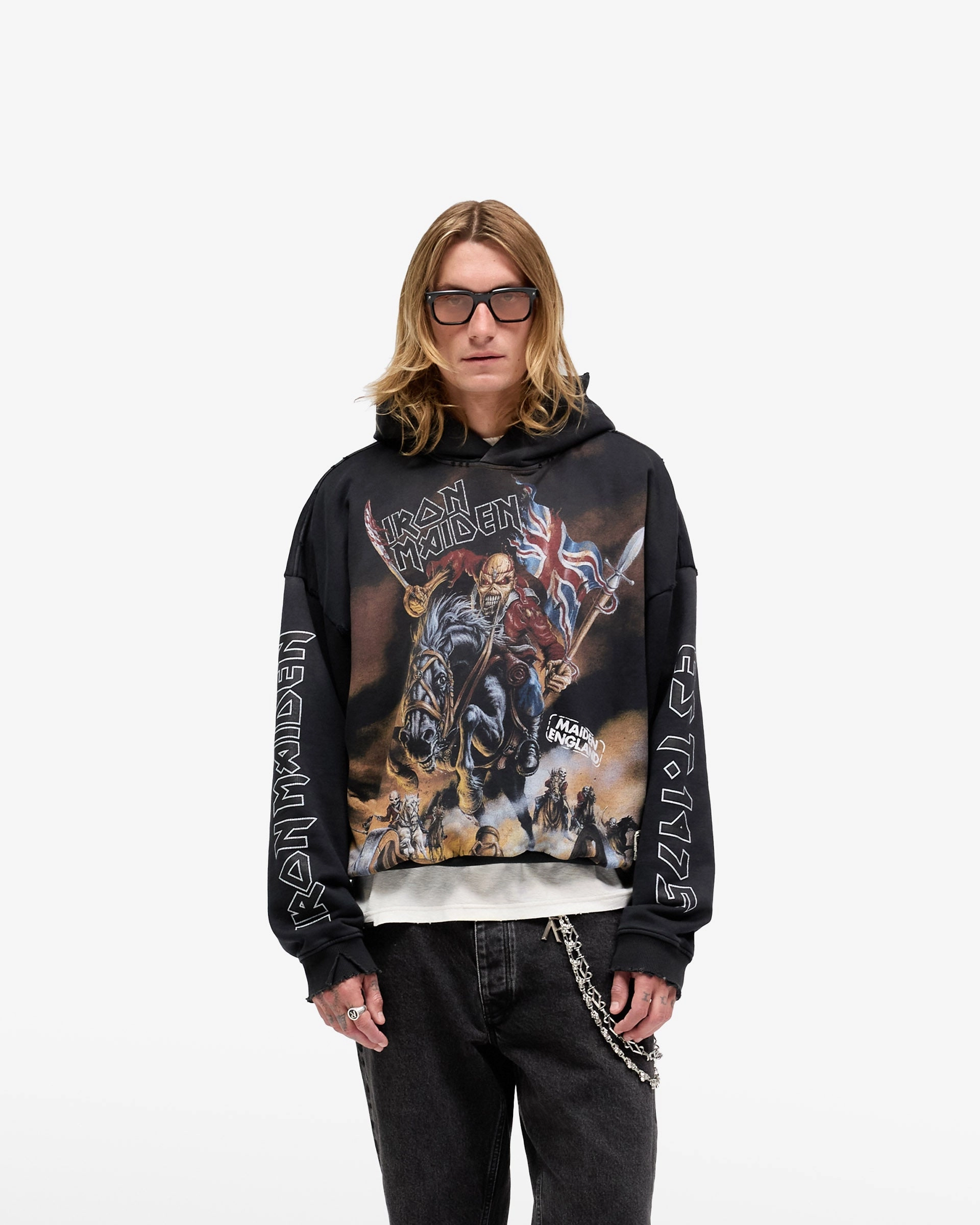 Vintage Wash Effect Street Classic Represent X Iron Maiden Steed Hoodie - Stained Black