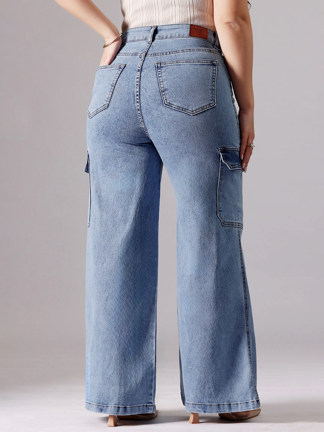 Stain Release Finish 24/7 Comfort Blue Wide-Leg High-Rise Heavy Wash Regular-Length Stretchable Cargo Denim Jeans