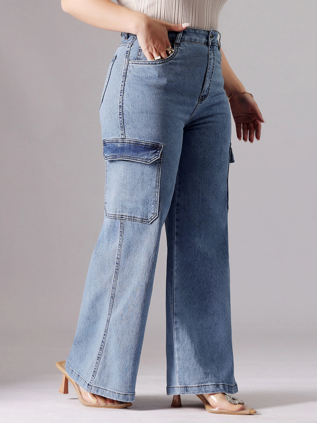 24/7 Comfort Blue Wide-Leg High-Rise Heavy Wash Regular-Length Stretchable Cargo Denim Jeans Classic Wear Party Look Timeless Design
