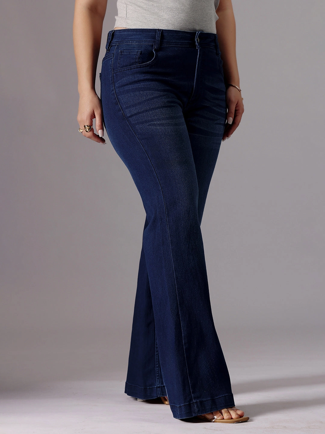 Street Fashion Trend Setter Holiday Vibes Everyday Party Look 24/7 Comfort Navy-Blue High-Rise Clean-Look Regular-Length Stretchable Bootcut Denim Jeans