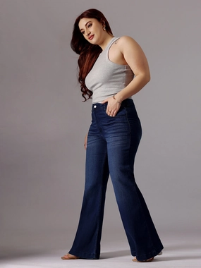 24/7 Comfort Navy-Blue High-Rise Clean-Look Regular-Length Stretchable Bootcut Denim Jeans Party Look Earthy Couple Look Work Ready