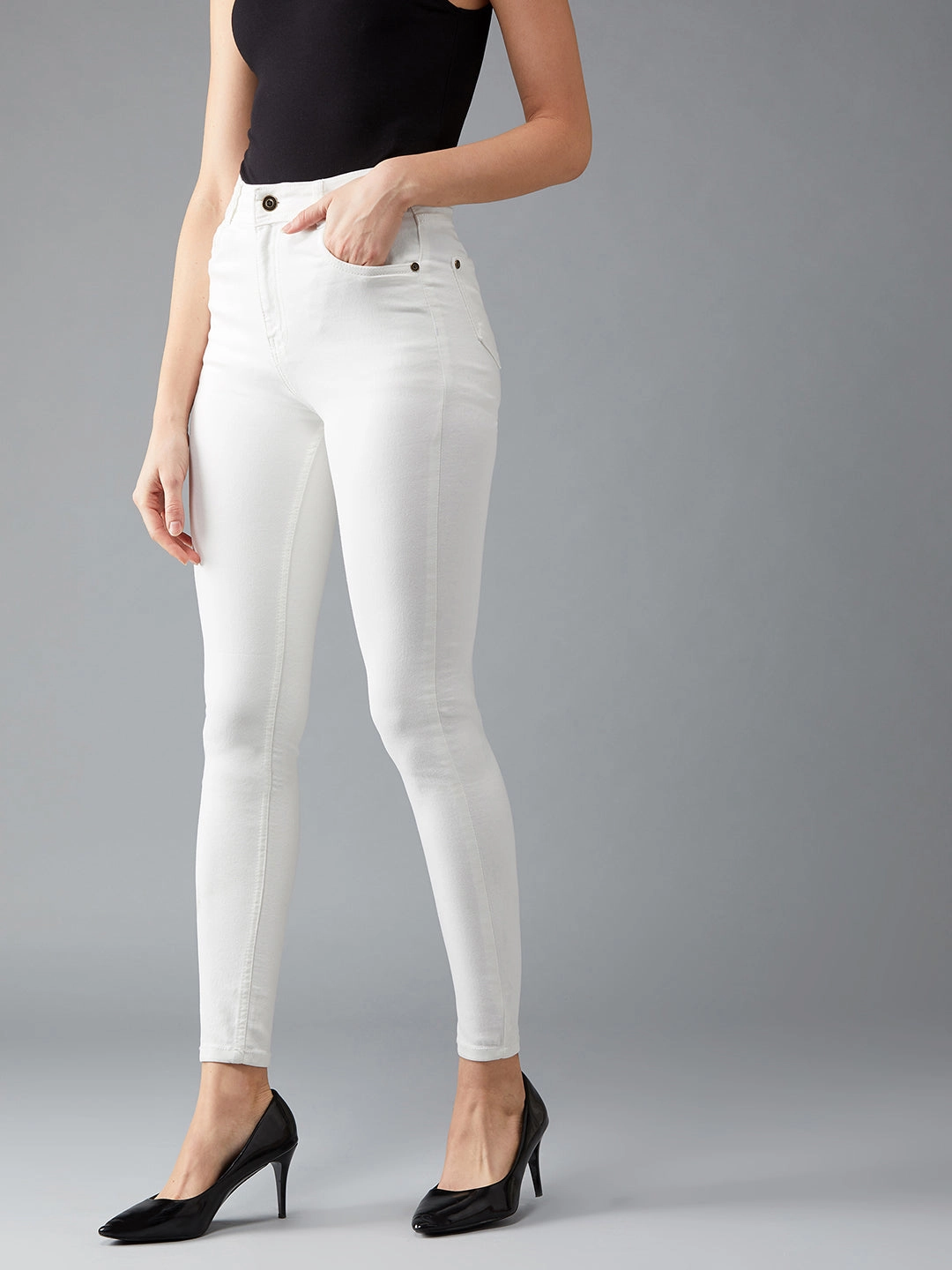 Smooth Shape Women's White Skinny High-Rise Clean-Look Bleached Regular-Length Stretchable Denim Jeans