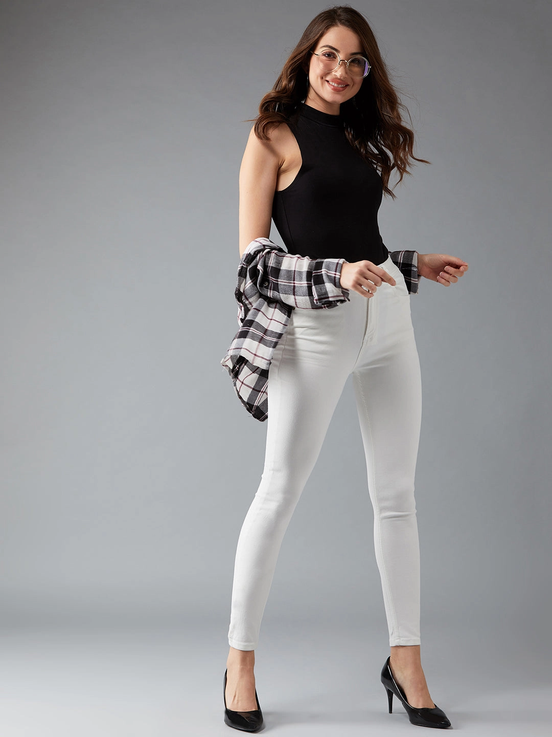 Women's White Skinny High-Rise Clean-Look Bleached Regular-Length Stretchable Denim Jeans Trendy Look