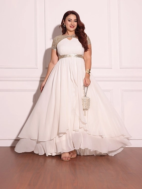 Women's Off White Keyhole-Neck Short-Sleeved Embellished Layered Georgette Maxi Dress Embroidered-Detail Modern Silhouette