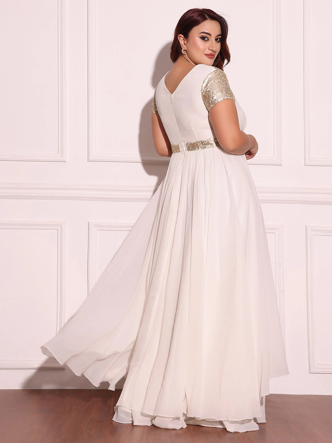 Smooth Blend Multipurpose Women's Off White Keyhole-Neck Short-Sleeved Embellished Layered Georgette Maxi Dress