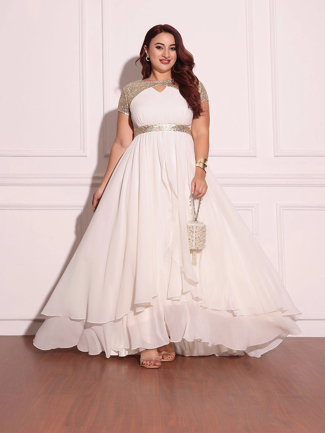 Women's Off White Keyhole-Neck Short-Sleeved Embellished Layered Georgette Maxi Dress Embroidered-Detail Modern Silhouette