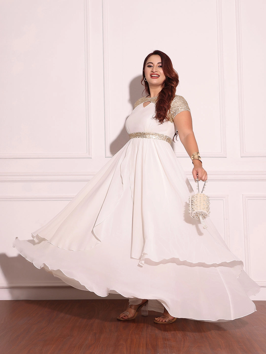 Women's Off White Keyhole-Neck Short-Sleeved Embellished Layered Georgette Maxi Dress Pop Texture