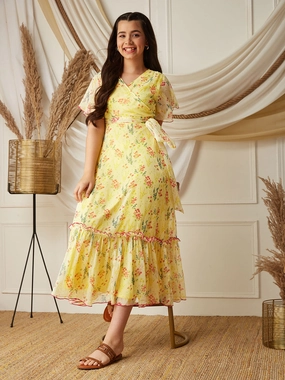 Multicolored-Base-Yellow V Neck Flared Sleeve Floral Wrap Maxi Dress Cozy Base Lightweight-Layer