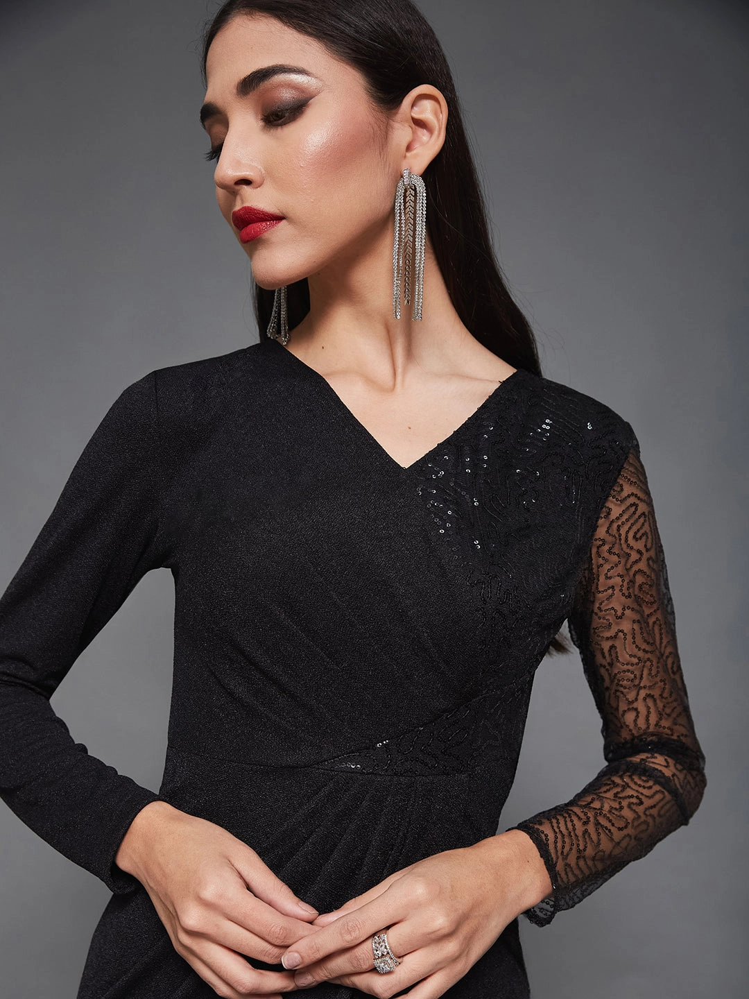 Nordic Plain Women's Cocktail Black Embellished Maxi Sequined Pleated Party Dress