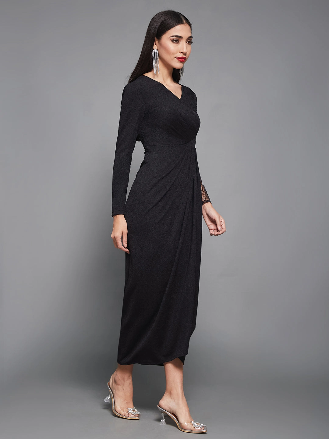 Silky Surface Women's Cocktail Black Embellished Maxi Sequined Pleated Party Dress