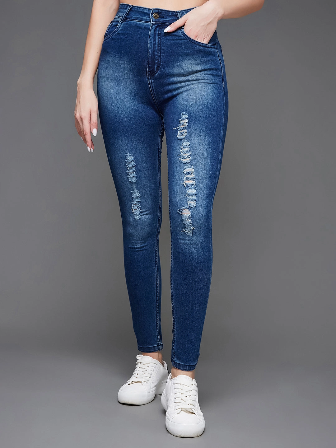 CHASEstretch? Blue Skinny-Fit Mid-Rise Midly-Distressed Ripped Denim Jeans Lifestyle Ready Soft Aesthetic