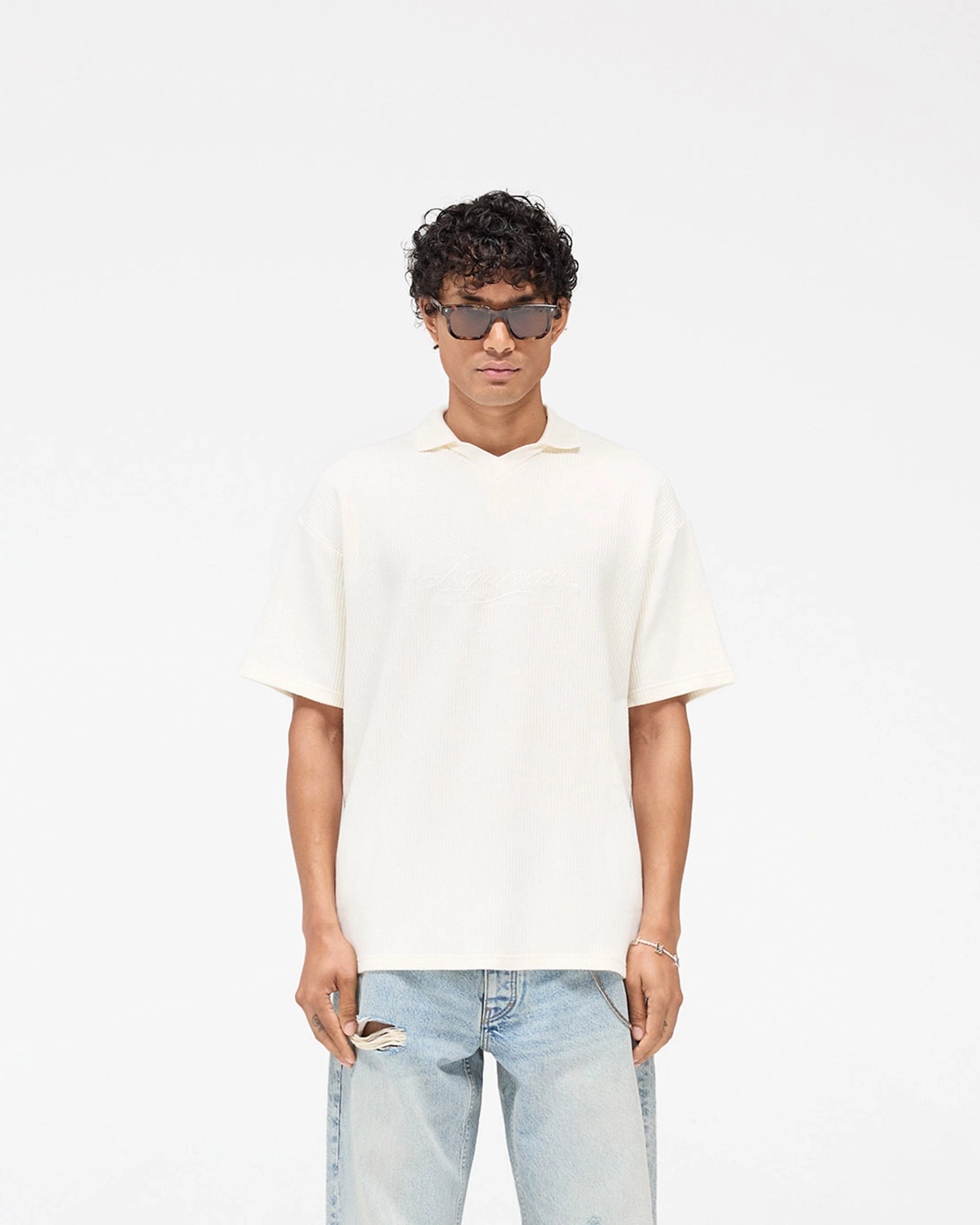 Natural Fiber Blend Ribbed Polo - Aged White