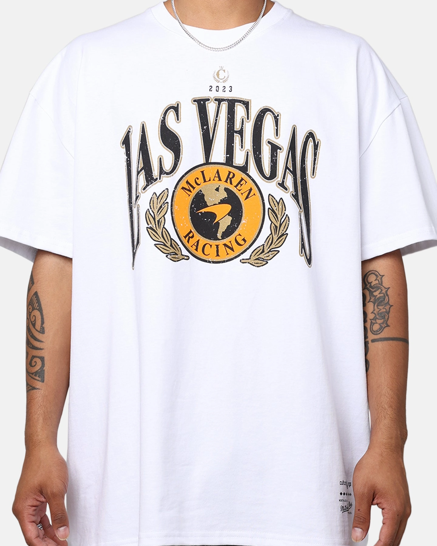Mitchell & Ness X McLaren X Culture Kings Las Vegas Collection Vintage Sport T-Shirt White Moisture Control Technology Elegant Blouse