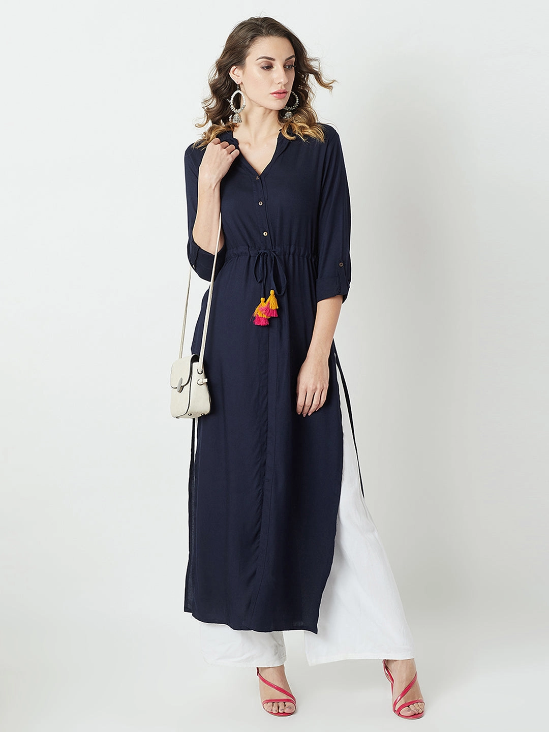 Women's Navy Blue Collared 3/4 Sleeve Solid Buttoned Tassel A-Line Maxi Top BondedShoulderTaping
