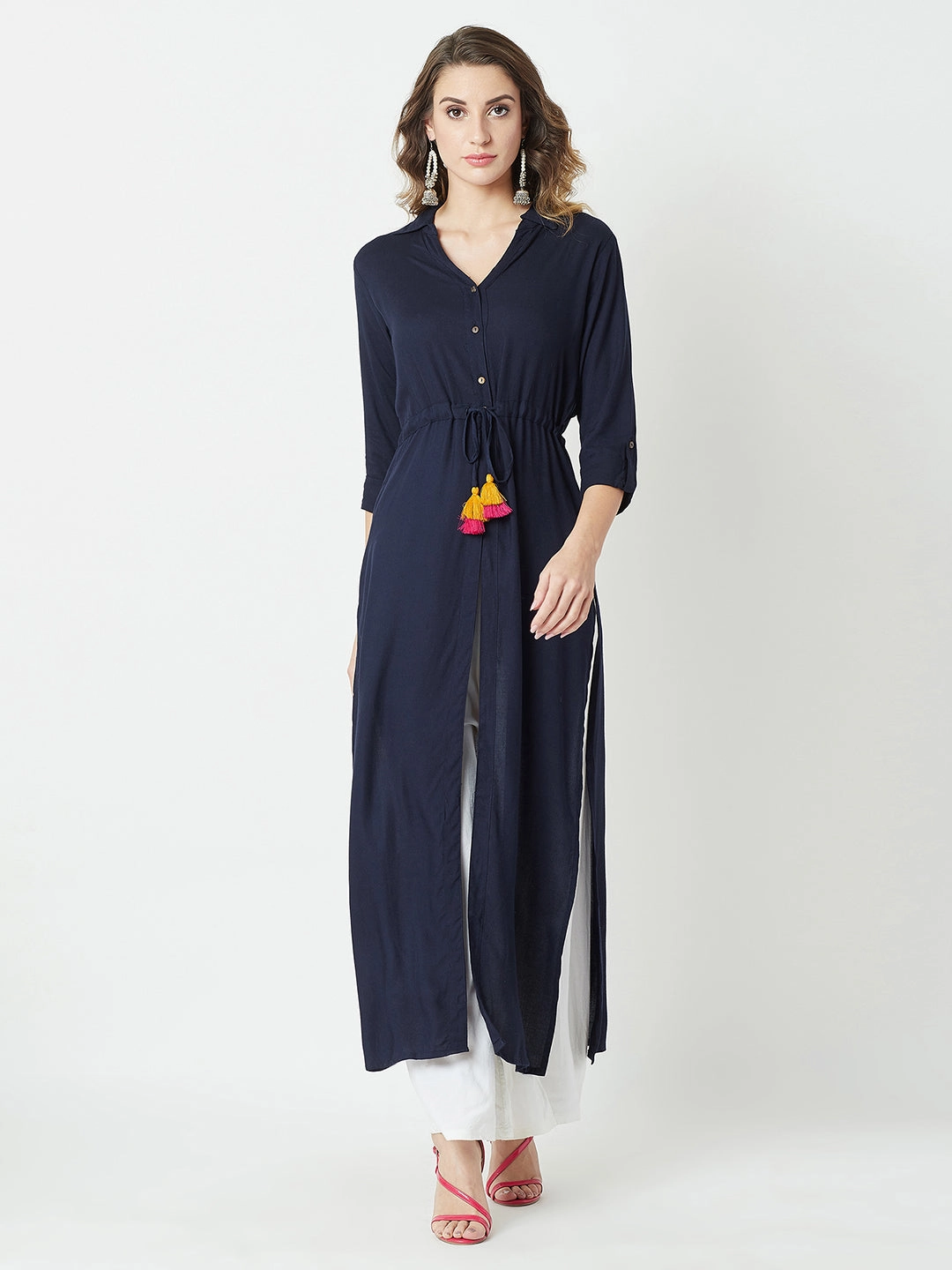 NonIrritatingStitching Wrinkle Free Weave Women's Navy Blue Collared 3/4 Sleeve Solid Buttoned Tassel A-Line Maxi Top