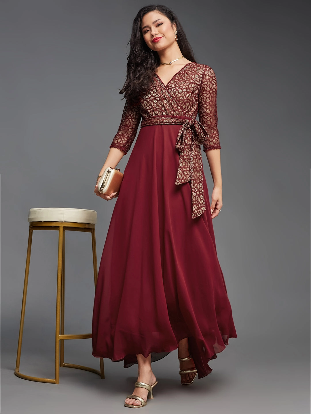 Women's Maroon Floral Print Relaxed Fit V-Neck 3/4th Sleeve Georgette Maxi Dress Dreamy Look