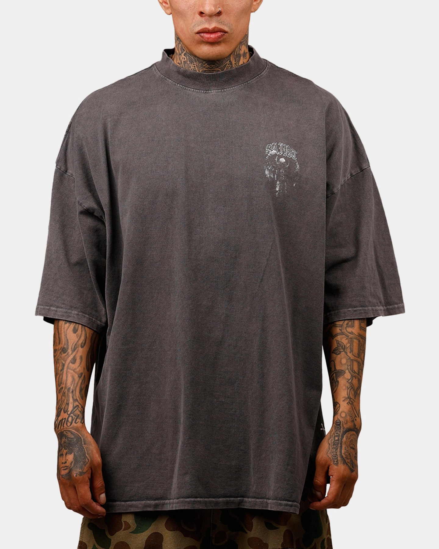 Garment Washed Finish Layered Neckline Details Saint Morta Baptista Mock Neck T-Shirt Washed Charcoal