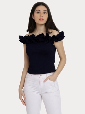 Women's Navy Blue Off Shoulder Sleeveless Solid Ruffled Frilled Gathered Bardot Top Athletic Look NonScratchyLining