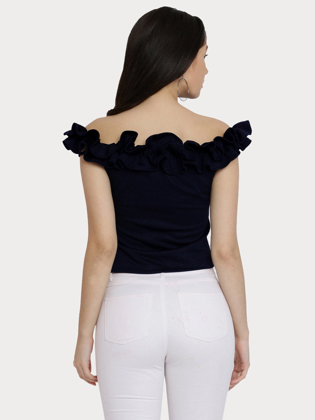 Women's Navy Blue Off Shoulder Sleeveless Solid Ruffled Frilled Gathered Bardot Top Relaxed Tank Layered Sleeve